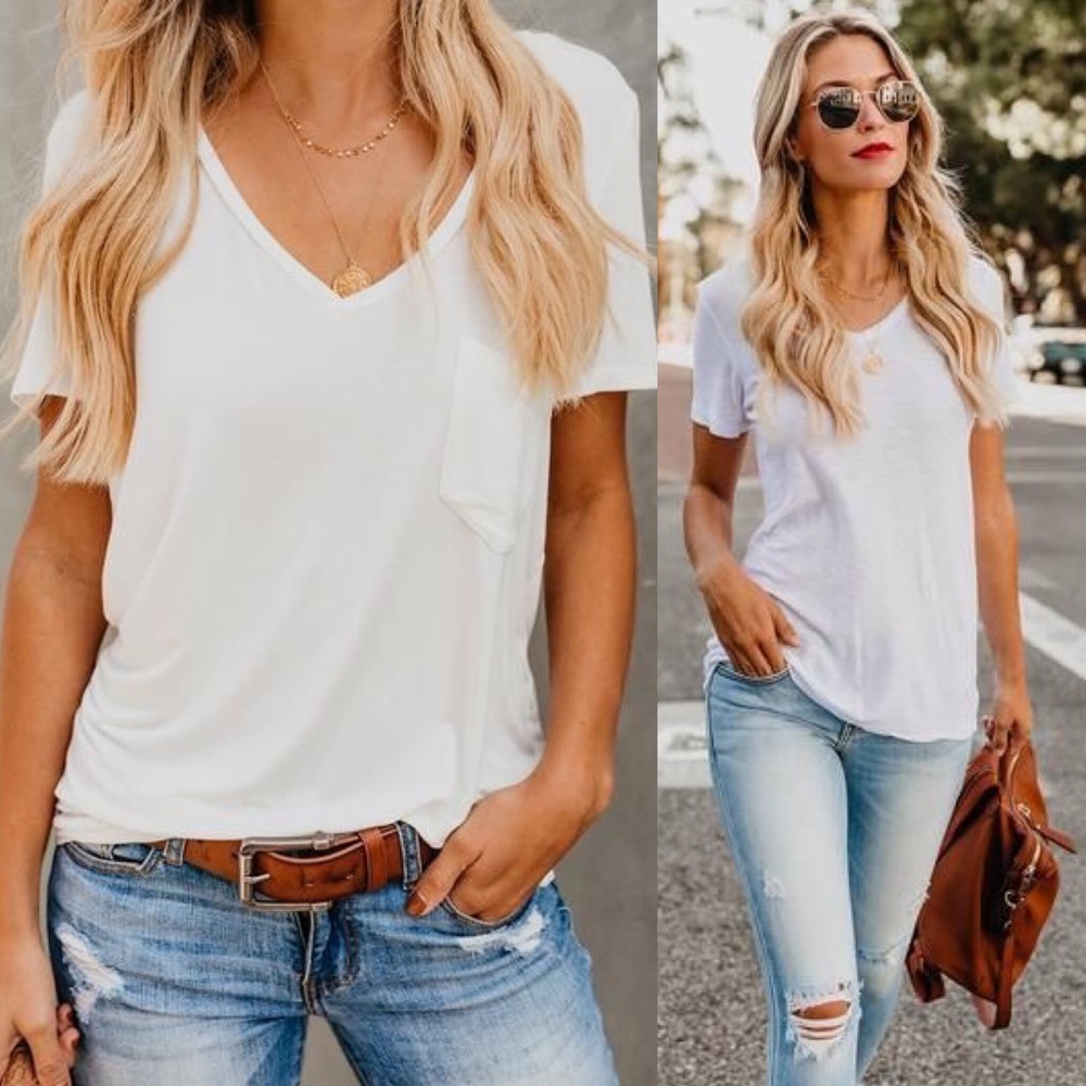 RESTOCKED ✨ white v neck tee shirt front pocket - Picture 4 of 7